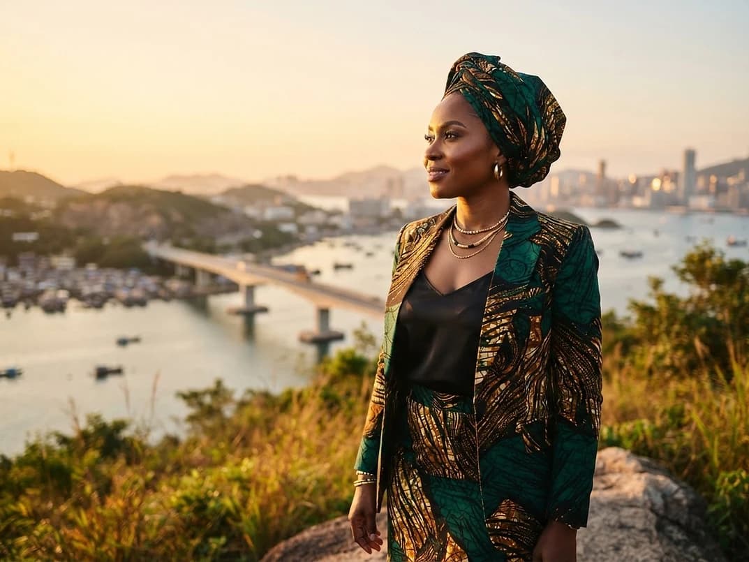 Femme en tenue wax vert et or, en extérieur au coucher du soleil